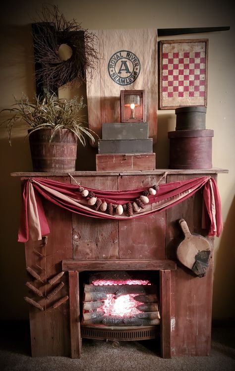 Primitive Fireplace Mantels, Primitive Faux Fireplace, Primitive Fireplace Mantle Decor, Primitive Mantel Decorating Ideas, Primitive Fireplace Ideas, Primitive Porch Decorating Ideas, Primitive Fireplace Decor, Primitive Fireplace Mantle, Primitive Homes Interiors