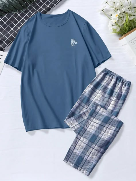 Blue and White  Collar Short Sleeve  Plaid,Slogan Pajama Sets Embellished Slight Stretch  Men Loungewear Pajamas Aesthetic, Slogan Graphic Tee, Boys Pjs, Men Loungewear, Pajama Fashion, Cute Pajama Sets, Plaid Trousers, Pajama Outfits, Aesthetic Grunge Outfit