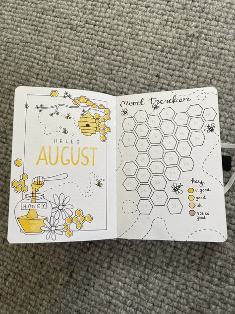 August Journal Ideas Aesthetic, August Bujo Theme, August Mood Tracker, Bullet Journal Ideas Pages August, Calander Ideas, August Bullet Journal Ideas, Bee Journal Ideas, Bullet Journal August Theme, August Bullet Journal Calendar