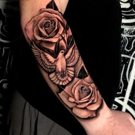 Dove And Rose Tattoo, Peace Dove Tattoos, Dove Tattoo Design, Dove Tattoos, Bird Tattoo Wrist, Flying Tattoo, Rose Tattoos For Men, Dove Tattoo, Realistic Tattoo Sleeve