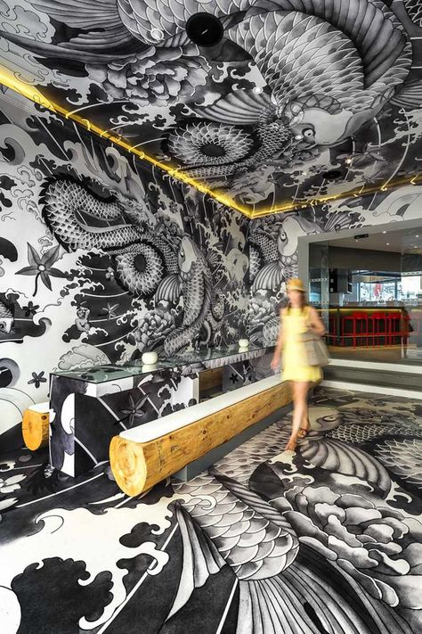 vincent-coste-japanese-restaurant-koi-yakuza-tattoo-interiors-aix-en-provence-france-designboom-02 Tattoo Shop Interior, Tattoo Shop Decor, Tattoo Studio Interior, Japanese Restaurant Design, Studio Interior, Design Del Prodotto, Japanese Restaurant, Quito, Restaurant Interior