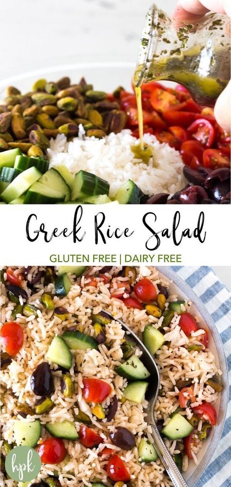 This Greek Rice Salad has only 5 main ingredients, including cucumber and red tomatoes, and is a great healthy summer recipe. With a simple vinaigrette dressing, it’s an easy cold side dish that your family will love (Gluten Free + Vegan) Greek Rice Salad, Cold Rice Salad Recipes, Salad Gluten Free Dairy Free, Rice Salad Dressing, Rice Salad Cold, Salad Gluten Free, Greek Rice, Cold Side Dishes, Rice Salad Recipes