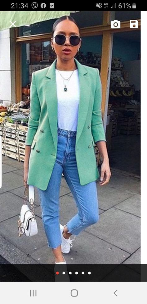 Light Green Blazer Outfits For Women, Mint Green Blazer Outfit, Light Green Blazer Outfit, Turquoise Blazer Outfit, Green Blazer Outfit, Mint Green Blazer, Turquoise Blazer, Blazer Verde, Blazer Outfits For Women