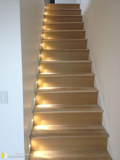 Top 50 Stair Lighting Ideas For Your Home | Engineering Discoveries Stairwell Lighting Ideas Stairways, Basement Stair Lighting Ideas, Lights On Staircase, Lighting On Stairs, Stair Lighting Ideas, Lighted Stairs, Light For Staircase, Lights For Stairs, Basement Stair Lighting