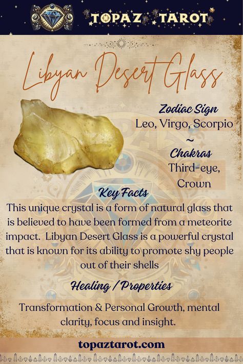 Unlock the mysteries of the desert with Libyan Desert  Glass - a shimmering gem born from ancient sands and celestial fire.✨🏜️  #thetopaztarot #topaztarotcrystals #crystals #LibyanDesertGlass #libyandesertglasscrystals #CrystalHealing #CrystalLove #CrystalEnergy Libyan Desert Glass Crystal Meaning, Libyan Desert Glass Meaning, Crystal Magick, Page Of Wands, All Tarot Cards, Arcana Tarot, Zodiac Signs Leo, Rock And Pebbles, Desert Glass