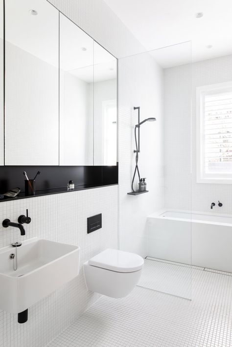 Photo 6 of 20 in A Sleek Addition Hides Behind a Federation-Era Facade in Sydney from CNR Virginia: Studio Prineas - Dwell Studio Prineas, Bathroom 2023, Alcove Tub, White Square Tiles, Black Tapware, Ceramic Tile Floor, Built In Bathtub, Bathroom Sink Design, Ceramic Tile Wall