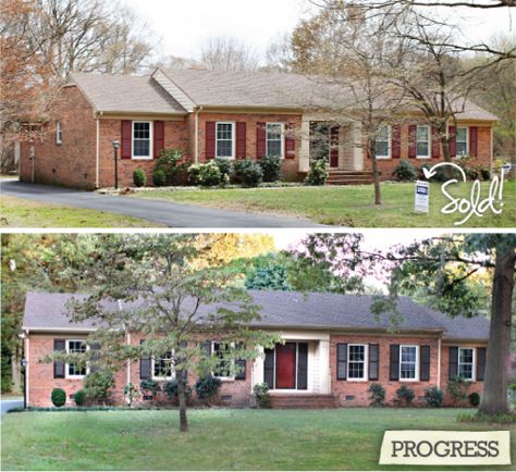 Brick houses Red Brick Ranch, Colors With Red Brick, Exterior Updates, Shutter Colors, Painted Brick House, Red Front Door, Black Shutters, Ranch Exterior, Brick Ranch