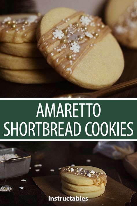 Rum Shortbread Cookies, Shortbread Cookies Packaging, Fancy Shortbread Cookies, Amaretto Cookies Recipe, Boozy Christmas Cookies, Boozy Cookies Christmas, Classy Christmas Cookies, Fancy Christmas Cookies Recipes, Holiday Shortbread Cookies