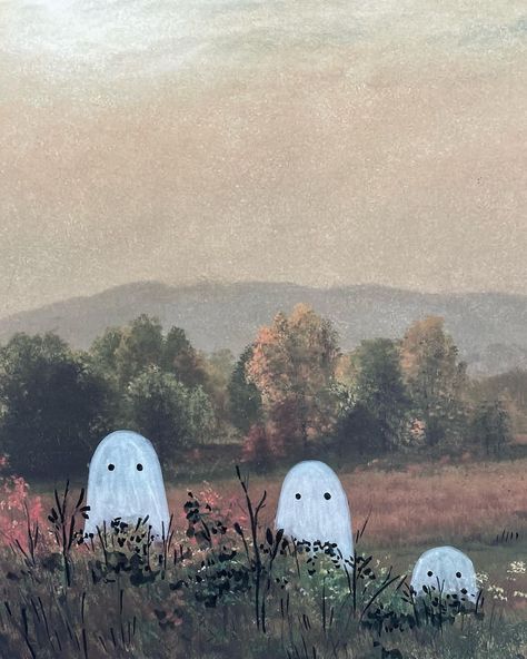 Painted some ghosties on old pictures today #ghostpainting #ghost #paintingforfun #cute #halloween #halloweenart | Instagram Ghosts Painted On Pictures, Adding Ghosts To Old Paintings, Goodwill Ghost Painting, Painting Ghost In Old Pictures, Ghost Painting On Old Pictures, Halloween This Year, Draw On Photos, Art Collage Wall, Vintage Painting