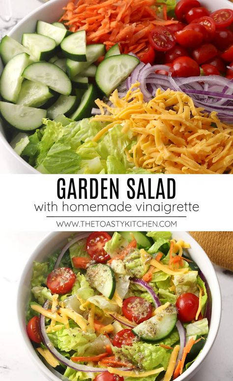 Garden salad recipe by The Toasty Kitchen. Make a garden salad as an addition to your next meal - it pairs well with just about anything! Crisp romaine lettuce, tomatoes, onion, cucumber, carrots, and cheese are topped with a tangy homemade vinaigrette dressing. #gardensalad #housesalad #sidesalad #saladrecipe #sidedish Lettuce Carrot Salad, Lettuce Tomato Salad, Garden Lettuce Salad Recipes, Simple Romaine Salad, Salad With Romaine Lettuce, Tossed Salad Recipes, Romaine Salad Recipes, Romaine Lettuce Recipe, Cucumber Carrot Salad