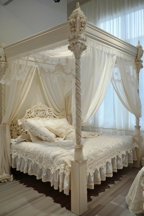 Grand Canopy Bed, Cozy Canopy Bed Aesthetic, Vintage Canopy Bed, 4 Poster Bed, White Bed Canopy, Double King Size Bed, Princess Canopy Bed, Princess Canopy, Bedroom Ideas For Small Rooms Cozy