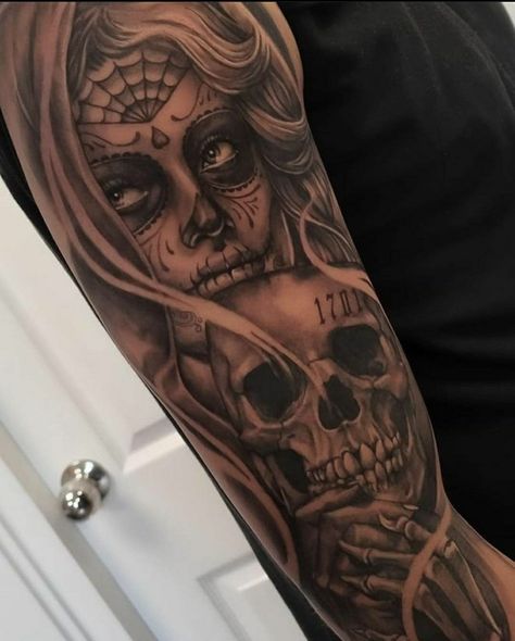 Mens Sleeve Tattoo Ideas Skulls, Skull And Woman Tattoo, Candy Skull Tattoo For Men, Dia De Los Muertos Tattoo Ideas, Day Of The Dead Tattoo Designs, Sugar Skull Sleeve, 12 Mola, Dark Tattoos For Men, Day Of The Dead Tattoos