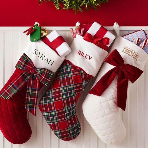 Quilted Bow Stocking | Mark and Graham Plaid Home Decor, Quilted Bow, Plaid Stockings, Monogram Stockings, Personalized Scarves, Plaid Throw Blanket, Plaid Throw, Embroidered Monogram, Plaid Pajamas