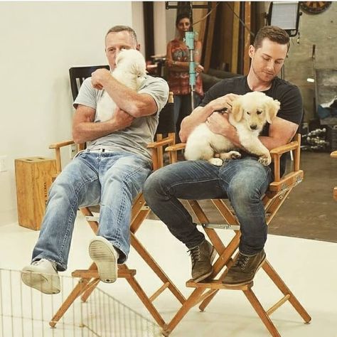 Jason Beghe (Hank Voight) and Jesse Lee Soffer (Jay Halstead) with puppies. Elias Koteas, Chicago Crossover, Chicago Pd Cast, Jesse Lee Soffer, Hank Voight, Jason Beghe, One Chicago, Tracy Spiridakos, Chicago Police