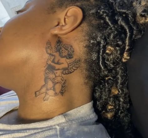 Angel Neck Tattoos Women, Tattoo Real, Tattoos Neck, Underboob Tattoo Designs, Cupid Tattoo, Behind Ear Tattoos, Tattoo Artist Tattoo, Girl Neck Tattoos, Timeless Tattoo