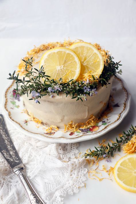 Rosemary Lemon Imbolc Cake (vegan & gluten-free) Imbolc Cake, Rosemary Cake, Food Moodboard, Entremet Cake, Canned Frosting, Lemon Curd Filling, Vegan Cakes, Cake Vegan, Cooking For One