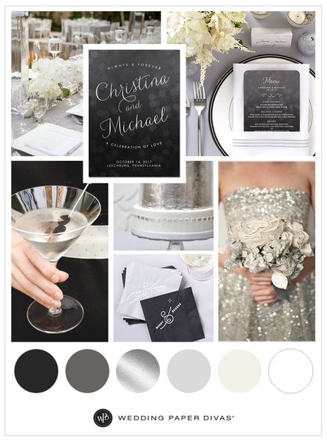 White And Silver Wedding Theme, Grey And White Wedding Theme, Black And Grey Wedding Theme, Silver Color Combinations, Oxblood Wedding, Gray Wedding Theme, Silver And Black Wedding, Silver Weddings, Silver Color Palette