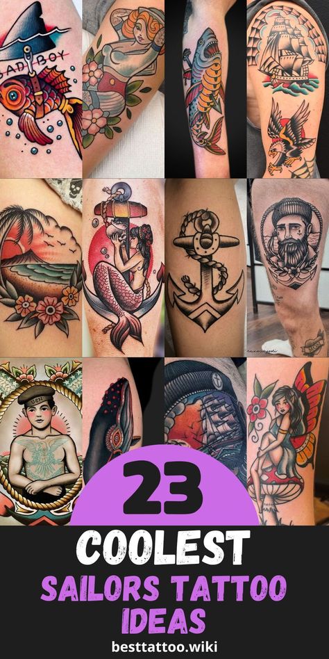 Discover the allure of the open sea with our collection of the 23 best sailor tattoo ideas for 2024. From traditional sailor Jerry designs to modern interpretations of nautical symbols, these tattoos celebrate the timeless appeal of maritime culture. Explore our selection and find the sailor tattoo that resonates with your sense of adventure and love for the ocean. Sailor Jerry Tattoo Ideas, Old School Navy Tattoo, Sailor Jerry Tattoo For Women, American Traditional Dolphin Tattoo, Sailor Tattoos Vintage, Sailor Tattoos Traditional, Traditional Ocean Tattoo, Old School Sailor Tattoo, Shellback Tattoo