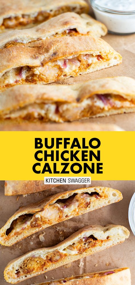 A simple and incredibly delicious buffalo chicken calzone recipe made with crispy chicken, mozzarella cheese, red onion, and buffalo sauce. #calzonerecipes #buffalochicken #buffalochickencalzone #calzone Chicken Calzone Recipe, Crispy Fried Chicken Tenders, Buffalo Chicken Calzone, Chicken Calzone, Tyson Chicken, Chicken Mozzarella, Wings Recipe Buffalo, Calzone Recipe, Buffalo Chicken Pizza