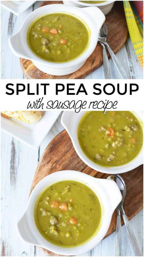 Split Pea Soup with Sausage Recipe #pea #soup #splitpea #souprecipes #sausage Split Pea Recipes, Split Pea Ham Soup, Easy Split Pea Soup, Ham Bone Recipes, Fall Meal Plan, Yellow Split Pea Soup, Soup With Sausage, Pea Soup Recipe, Chicken Beans