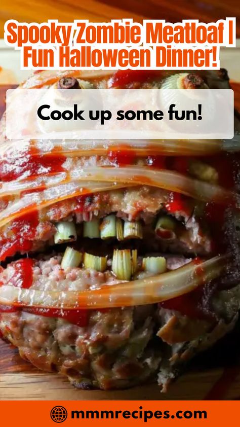 Add a spooky twist to your Halloween dinner with this Zombie Meatloaf Recipe! Perfectly creepy and delicious. Click to learn how to make this fun dish and save the pin for a memorable Halloween night! Halloween Mini Meatloaf, Spooky Meatloaf, Brain Meatloaf, Meatloaf Halloween, Zombie Meatloaf, Halloween Meatloaf, Mummy Meatloaf, Creepy Halloween Food, Mini Meatloafs