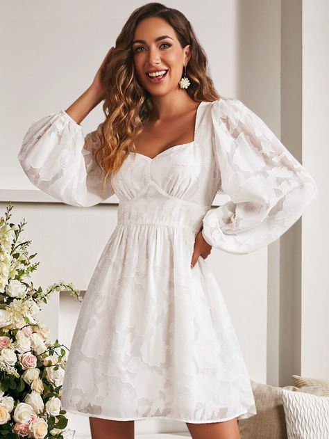 Free Returns ✓ Free Shipping On Orders $49+ ✓. SBetro Jacquard Lantern Sleeve Sweetheart Neck Chiffon Dress- Women Dresses at SHEIN. Confirmation Dresses White, Shower Dress For Bride, White Bridal Shower Dress, Puff Long Sleeve Dress, Confirmation Dresses, Fancy Short Dresses, Dama Dresses, Dresses Shein, Short Dress White