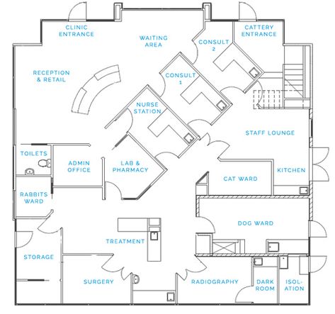 Vet Clinic Blueprints, Vet Clinic Design Floor Plans, Vet Floor Plans, Veterinary Clinic Design Floor Plans, Vet Clinic Floor Plans, Large Animal Vet Clinic Design, Vet Practice Design, Cute Vet Clinic Ideas, Vet Clinic Layout