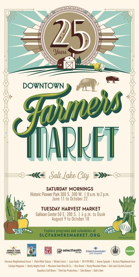 Salt Lake City Downtown Farmers Market Market Poster Design, Farmers Market Poster, Farmers Market Logo, Farm Logo Design, Salt Lake City Downtown, City Downtown, Free Icon Set, Market Poster, Farm Logo