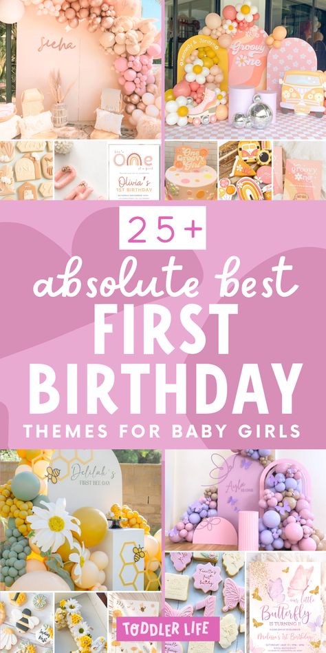 Planning your baby girl's 1st birthday and on the hunt for cute baby first birthday themes? I'm a professional parties writer and *these* are my fav 1st birthday themes girl edition in 2025 - including tons of super cute tips and 1 year birthday party ideas! Celebrating first birthdays is something so precious - and I truly hope these first birthday party themes inspire you! (Pin to your 1st birthday girl party ideas board!) Baby Girl First Birthday Party Theme, Spring Theme 1st Birthday Girl, Birthday Themes One Year Old, First Birthday Themes For Baby Girl, Baby First Birthday Party Ideas Girl, Christian First Birthday Party, 1st Birthday Princess Theme Decorations, 1st Summer Birthday Party Ideas, 1 Year Birthday Party Themes