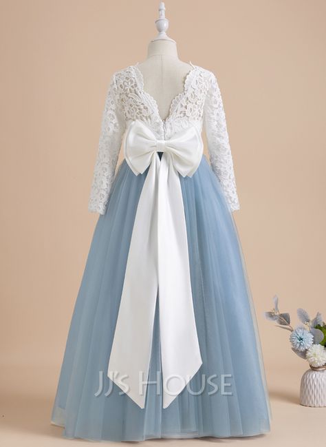 [US$ 64.00] Ball-Gown/Princess Floor-length Flower Girl Dress - Tulle/Lace Long Sleeves Scoop Neck With Bow(s)/V Back Winter Wedding Flower Girl Dresses, Flower Girl Dresses With Sleeves, Flower Girl Dresses Winter, Light Blue Flower Girl Dresses, Winter Flower Girl Dresses, Flower Girl Dresses Long Sleeve, Cinderella Flower Girl Dress, Dusty Blue Flower Girl Dress, Long Sleeve Flower Girl Dress