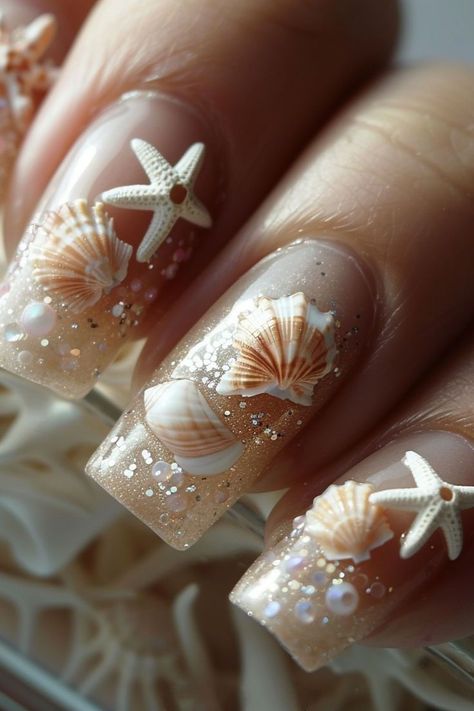 15 Best Beach Themed Nails Ideas For a Stylish Summer Look | Beach Nails Aesthetic Ocean Nails Designs, Almond Dip, French Floral Design, Acrylic Extensions, Beach Themed Nails, Ocean Nails, Seashell Nails, Natural Acrylic, Beach Nail Art