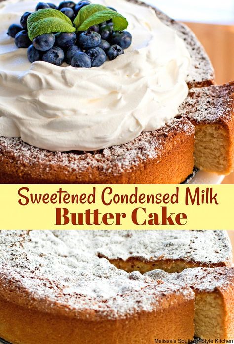 This Sweetened Condensed Milk Butter Cake is my take on a vintage single layer cake that's made using condensed milk. This butter enhanced version was inspired by a local restaurant that serves warm individual size butter cakes drizzled with a seasonal fruit coulis then topped with a scoop of vanilla ice cream.  It's so rich and buttery, it simply has to be shared with a friend as it would be a tragedy to leave a crumb behind.  I make Cake Sweetened Condensed Milk, Sweetened Condensed Milk Desserts, Single Layer Cake, Condensed Milk Recipes Desserts, Yellow Cakes, Condensed Milk Desserts, Milk Recipes Dessert, Sweetened Condensed Milk Recipes, Condensed Milk Cake