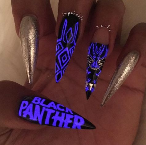 Panthers Nails, Avengers Nails, Marvel Nails, Glow Nails, Luxury Nails, Bling Nails, Cute Nail Designs, Dope Nails, Nail Polishes