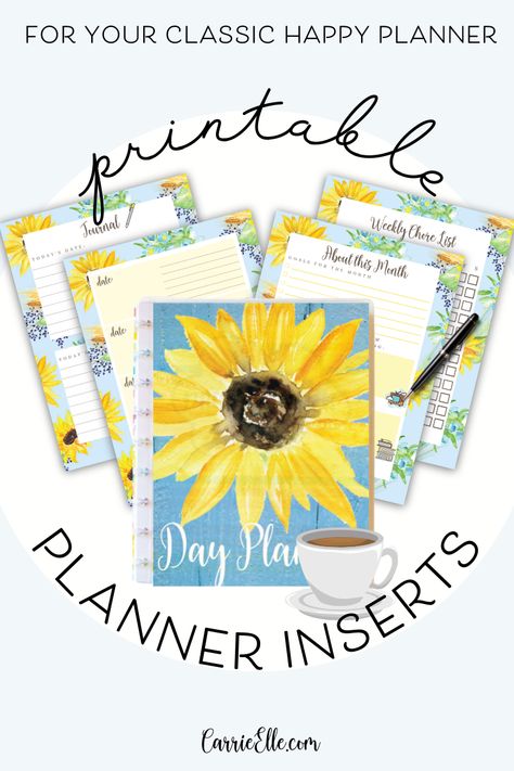 Free Printable Inserts for Happy Planner – Sunflower Day Planner Classic Size Happy Planner Free Printables, Free Printable Sunflower Stationary, Sunflower Planner Printable Free, Big Happy Planner Free Printable, Diy Day Planner, Free Journal Printables, Pretty Planner Printables, Free Printable Planner Pages, Organizing Papers