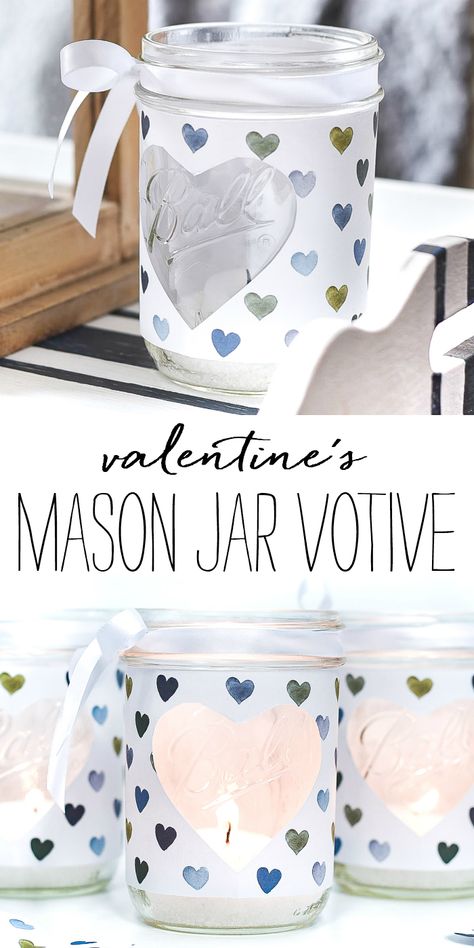 Heart Cut Out Mason Jar Votive - Easy Valentine Craft with Mason Jars and Scrapbook Paper Valentine Mason Jar, My Twenties, Easy Valentine Crafts, Valentine Craft, Valentines Inspiration, Small Mason Jars, Valentines Crafts, Jar Ideas, Diy Jar Crafts