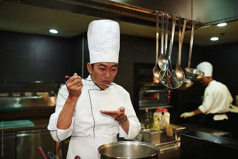 Chief Cook Tasting Food by Clique Images White Uniform, Kitchen Cook, Cooked Meal, Chef Kitchen, Working Professional, Eyes Closed, In Kitchen, Craft Business, Professions