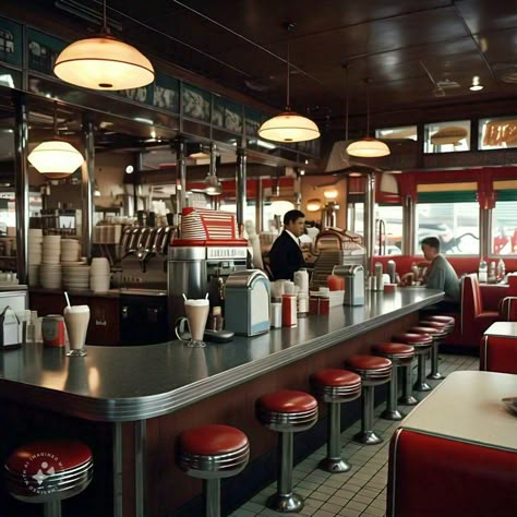 City Diner Aesthetic, Cute Diner Aesthetic, New York Diner Aesthetic, 1920s Diner, Diner Drawing, Diner Layout, Small Town Diner, Cafe 50s, Diner Interior