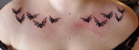 Bat tattoo, chest tattoo, collar bone tattoo Bat Clavicle Tattoo, Bats Chest Tattoo, Bats Tattoo Collar Bone, Skull Collar Bone Tattoo, Collar Bone Tattoo Bats, Tattoos For Small Chested Women, Moth Collar Bone Tattoo, Collar Bone Tattoo Designs, Spooky Collar Bone Tattoo