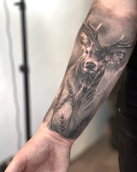 Dear Tattoo Design For Men, Wildlife Tattoo Ideas, Mule Deer Tattoo, Buck Tattoo For Men, Hunting Sleeve Tattoo For Men, Buck Tattoo Men, Wildlife Tattoo Sleeve, Deer Tattoo Men, Stag Tattoo Design