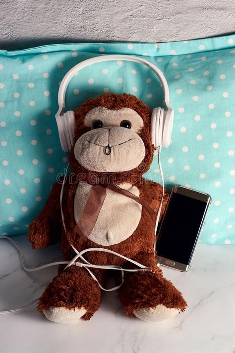 Fluffy Monkey, Monkey Headphones, Monkey Toy, Green Blanket, Vector Graphics Design, Monkey Plush, Graphics Design, Headphones, Teddy Bear