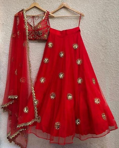 Mirror Lehenga, Mirror Work Lehenga, Lehnga Dress, Bridal Lehenga Red, Half Saree Designs, Red Mirror, Red Lehenga, Indian Lehenga, Embellished Blouse