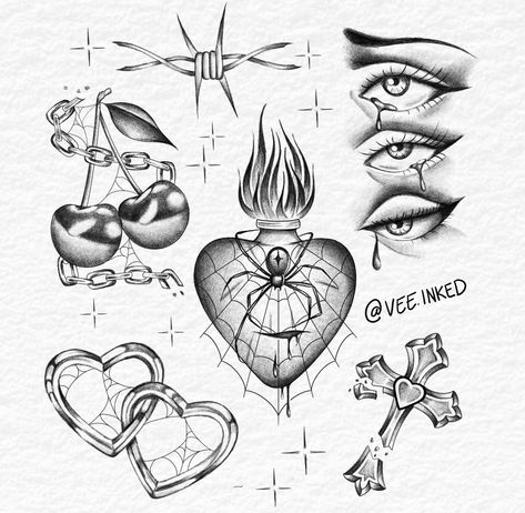 Unique Flash Tattoo, Petit Tattoo, Chicano Tattoos, Chicano Art Tattoos, Flash Tattoo Designs, Tattoo Flash Sheet, Old School Tattoo Designs, Sketch Tattoo Design, Cute Little Tattoos