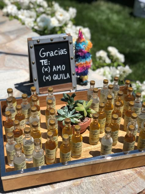 Tequila Shots Wedding Favors, Cantarito Wedding Favor, Jarritos Drink Mexican Weddings, Tequila Station Party Ideas, Mexican Party Favors Wedding, Tequila Table Party Ideas, Tajin Party Favors, Tequila Favors Wedding, Tequila Decorations Party Ideas