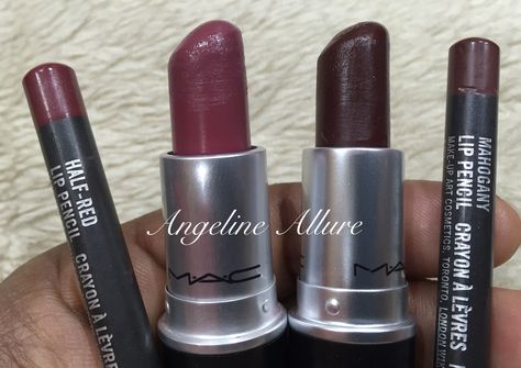 Matching MAC lip pencils, Mahogany and Half-Red for M.A.C Media and Amorous, both in satin finish Subtle Red Lipstick, Makeup Help, Pinterest Makeup, Swag Makeup, Ethereal Makeup, Dope Makeup, Dark Makeup, Makeup Items, Aesthetic Makeup