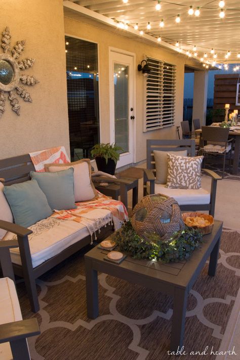 Coastal Summer Patio Decor - Rustic touches and a little whimsy bring this beautiful backyard patio to life for a summer party, night or day! www.tableandhearth.com Summer Patio Decor, Design Per Patio, Backyard Patio Furniture, Coastal Patio, Summer Patio, Diy Outdoor Decor, Outdoor Living Room, Outdoor Patio Decor, Patio Decorating