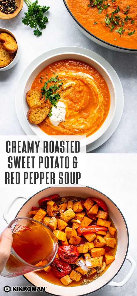 Roasted Red Pepper Sweet Potato Soup, Blended Soup Recipes, Blended Soup, Red Pepper Soup, Winter Soup, Roasted Sweet Potato, Fall Soup Recipes, Pepper Soup, Fall Soups