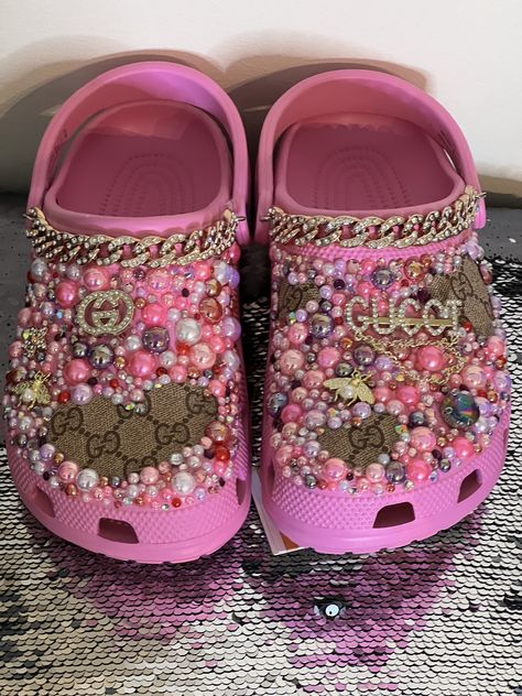 Custom crocs made to order. I can either freestyle with your desired colors and theme or make as suggested. Order yours today. Junk Crocs, Croc Jibbitz Ideas, Kids Crocs, Cross Shoes, Bling Bottles, Curvy Casual Outfits, Custom Crocs, Pretty Sneakers, Crocs Fashion