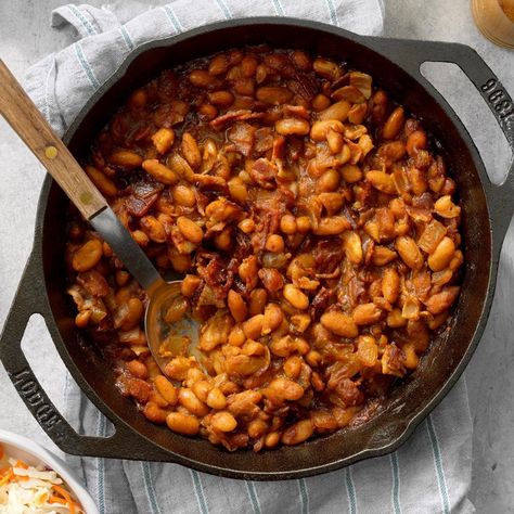 My sister developed this baked cannellini beans recipe after a Christmas holiday. We were still all together but nobody wanted to go to the grocery store, so we made do with what we could find in the kitchen—it turned out delicious! This baked beans recipe would be great with a combination of beans, too (like half black beans and half white). —Debra Keil, Owasso, Oklahoma Cannellini Beans Recipes, Cannellini Bean, Baked Beans Recipe, Homemade Baked Beans, Bean Recipe, Baked Bean Recipes, Skillet Recipes, Bbq Sides, Beans Recipe