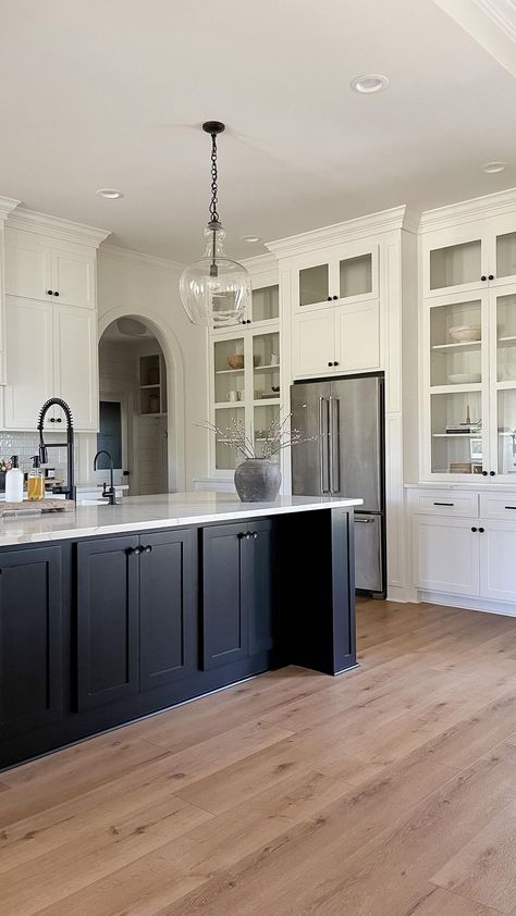 Charcoal Black Kitchen Island, White Kitchen With Dark Blue Island, Midnight Blue Kitchen Island, Darker Kitchen Island, Kitchen With Dark Blue Island, Black Island Cabinets, Tricorn Black Kitchen Island, Dark Blue Island Kitchen, Navy Island Kitchen