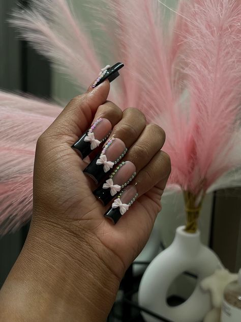 Application kit included with purchase. ✨ Black French Tip Acrylic Nails, Ongles Bling Bling, French Tip Acrylics, Black French Tip, Nails Bling, Black French Tips, Coquette Bows, Tapered Square, Nail Prep